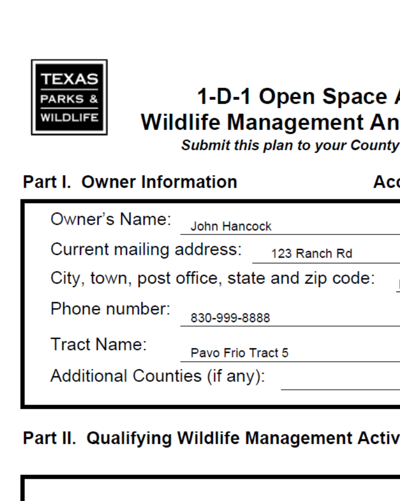 TPWD Form PWD-888 — Owner Information section populated