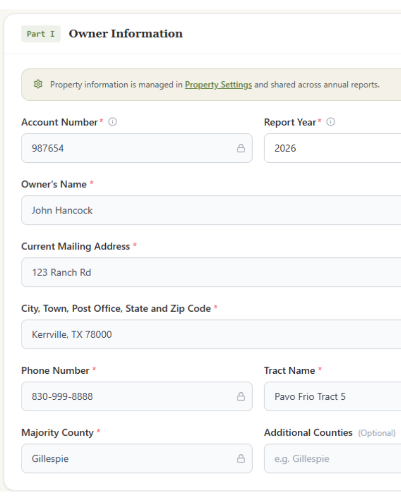WildMark Builder — Owner Information form fields