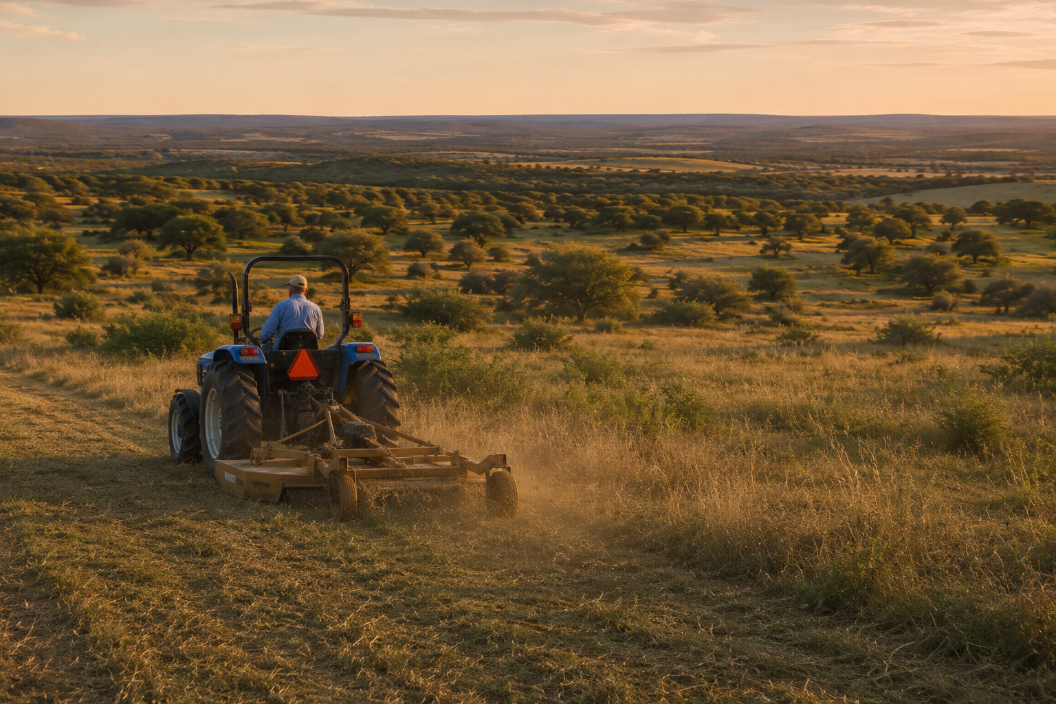 Tractor with brush hog clearing senderos and south field for habitat management