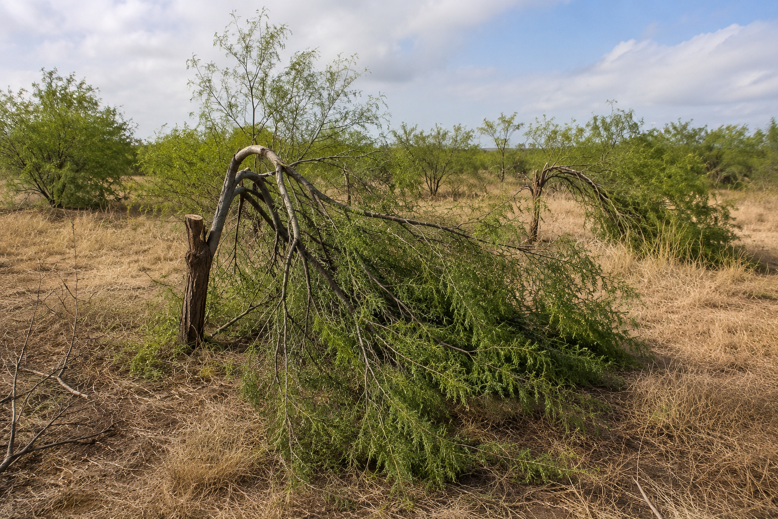 Half-cut mesquite brush providing shelter for bobwhite quail from predators