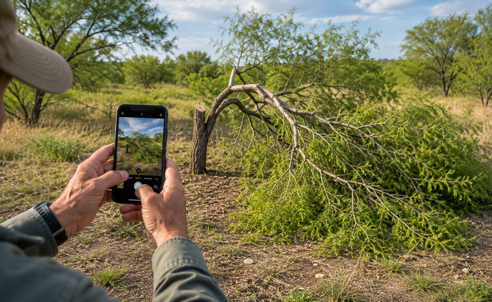 Landowner using a smartphone to photograph a half-cut mesquite in the field, documenting a wildlife management activity with WildMark