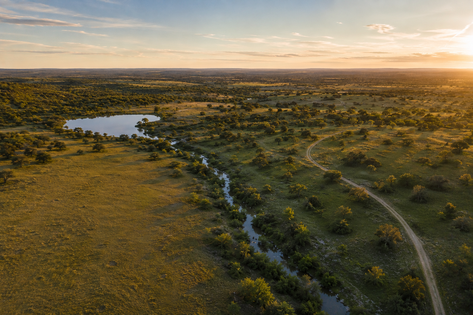 Aerial view of South Texas ranch land — open grassland, winding creek, pond, and ranch road visible from above at golden hour
